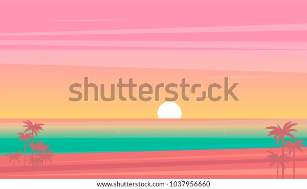 ベクター画像の夕焼けの熱帯のビーチイラスト 平らなスタイルの自然の風景 海景 のベクター画像素材 ロイヤリティフリー 1037956660