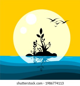vector sunset view, island in the middle of the sea, flat background