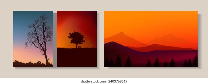 Vector sunset view mountain, hill background illustration. Panorama sky and nature landscape