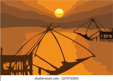 Vector sunset view, Yor Building, Local fishing with big net, at in Pak Pra Thale noi, Phatthalung, Thailand