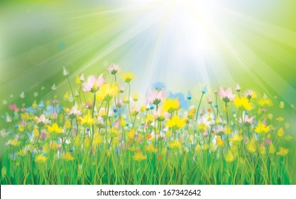 Vector sunshine background with colorful flowers. 