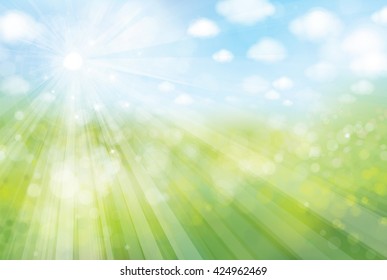Vector sunshine  bokeh background, green field and blue sky.