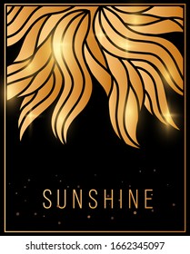 Vector sunshine illustration with beautiful golden flower and frame on black background with header and sparkle. Flat line art design with abstract sun for flower poster, greeting card, invitation