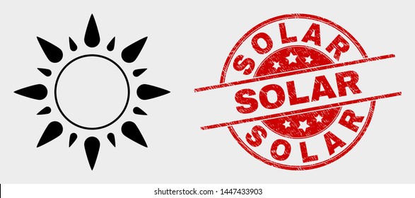 Vector sunshine pictogram and Solar stamp. Red rounded grunge stamp with Solar text. Vector composition for sunshine in flat style. Black isolated sunshine pictogram.