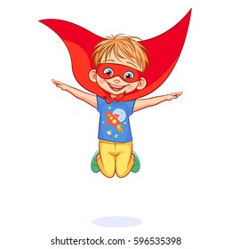 Vector super boy jumping, hands outstretched to the sides like an airplane wings. Funny kid in super hero costume with a red mask on his face and with tied around the neck red cape.