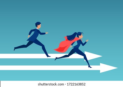 Vector of a super business woman winning a race with businessman 