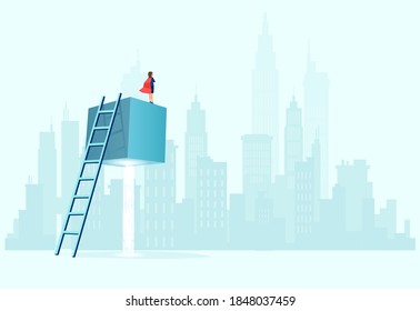 Vector of a super businesswoman with red cape standing on the top of a suspended cube looking at a cityscape 