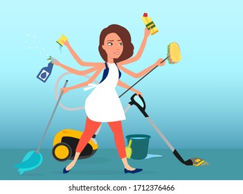 Vector of a super busy multitasking woman washing, vacuuming and cleaning her house 