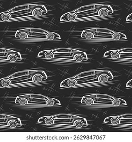Vector Super Cars seamless pattern, decorative automotive background with illustration of concept super car in moving for bed linen, square black and white artwork of running hand drawn supercars