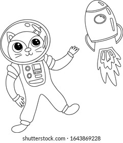 Vector super cute cat astronaut rocket funny children illustration for coloring space character