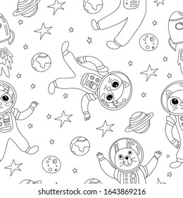 Vector super cute cat and rabbit astronaut rocket planets stars bright funny children illustration space seamless pattern