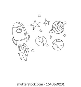 Vector super cute cat and rabbit astronaut rocket planets stars bright funny children illustration for coloring space character
