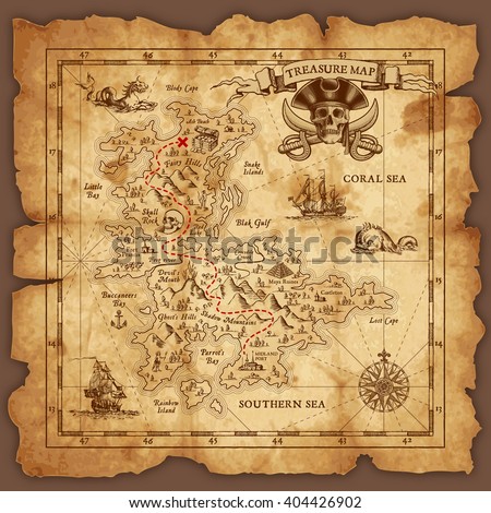 Vector super detailed Pirate Treasure map on a ruined old Parchment. All elements are organized with layers.