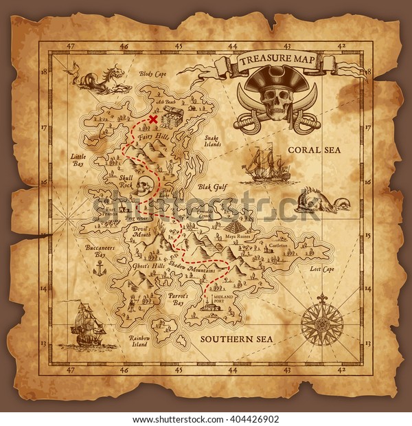 Vector super detailed\
Pirate Treasure map on a ruined old Parchment. All elements are\
organized with layers.
