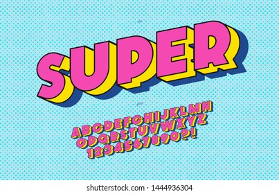 Vector Super Font 3d Bold Pop Art Style Modern Typography Sans Serif Style For Book, Promotion, Poster, Decoration, T Shirt, Banner, Printing On Fabric. Cool 3d Bold Typeface. Trendy Alphabet. 10 Eps