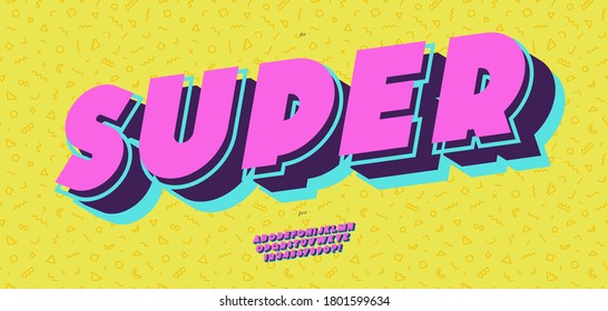 Vector super fuente 3d negrita estilo de arte pop moderno tipografía sans serif estilo para libro, promoción, afiche, decoración, camiseta, banner, impresión en tela. Buen tipo de letra atrevido 3d. Alfabeto moderno. 10 pasos