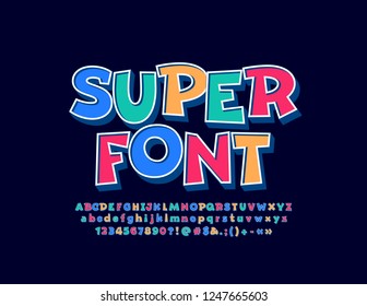 Vector Super lustige Kid Font. Farbige 3D-Alphabet-Buchstaben, -Zahlen und -Symbole für Kinder
