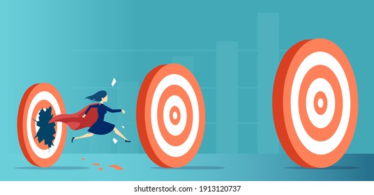 Vector of a super hero business woman breaking through her career targets and goals