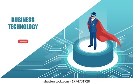 Vector of a super hero businessman wearing VR glasses 