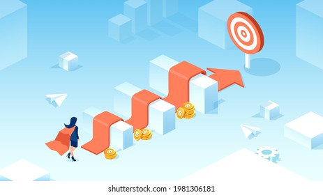 Vector of a super hero businesswoman aiming at financial success 