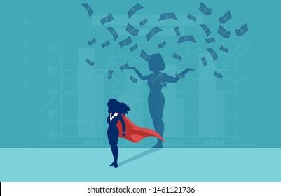 Vector of a super hero businesswoman with her successful shadow under money rain 