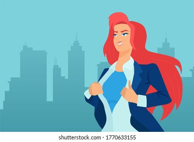Vector of a super hero businesswoman on a cityscape background 