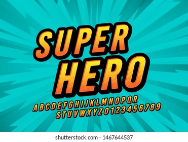 Vector Super Hero Comic Fun Font. Retro Cartoon Design Letters And Numbers Alphabet.