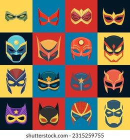 Vector Super Hero Masks Set in Flat Style. Face Character, Superhero Comic Book Mask Collection. Superhero Photo Props, Women and Men Masks, Carnival Glasses