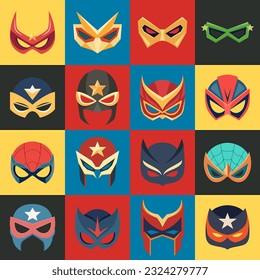 Vector Super Hero Masks Set in Flat Style. Face Character, Superhero Comic Book Mask Collection. Superhero Photo Props, Women and Men Masks, Carnival Glasses