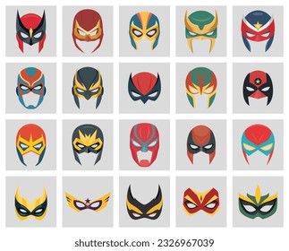 Vector Super Hero Masks Set in Flat Style. Face Character, Superhero Comic Book Mask Collection. Superhero Photo Props, Women and Men Masks, Carnival Glasses