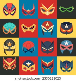 Vector Super Hero Masks Set in Flat Style. Face Character, Superhero Comic Book Mask Collection. Superhero Photo Props, Women and Men Masks, Carnival Glasses