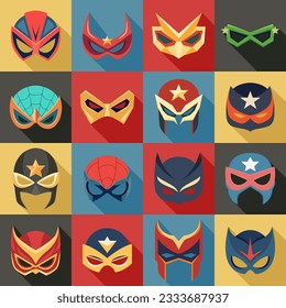 Vector Super Hero Masks Set in Flat Style with Long Shadow. Face Character, Superhero Comic Book Mask Collection. Superhero Photo Props, Women and Men Masks, Carnival Glasses