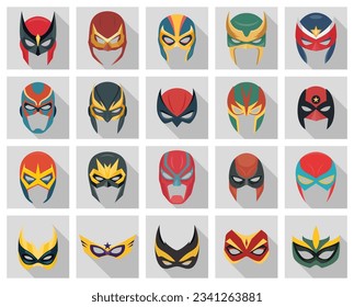 Vector Super Hero Masks Set in Flat Style with Long Shadow. Face Character, Superhero Comic Book Mask Collection. Superhero Photo Props, Women and Men Masks, Carnival Glasses