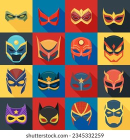 Vector Super Hero Masks Set in Flat Style with Long Shadow. Face Character, Superhero Comic Book Mask Collection. Superhero Photo Props, Women and Men Masks, Carnival Glasses