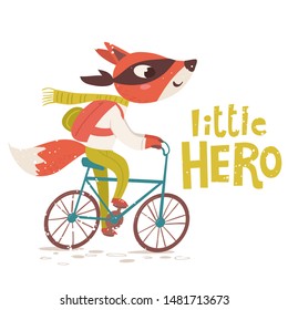 Vector Super hero poster design with cute fox riding a bike  and lettering Little hero. Cool fox character. Kids art decoration in flat retro style. 