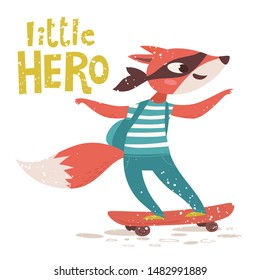 Vector Super hero poster design with cute cat and lettering Little hero fox character. Kids art decoration in flat retro style. 