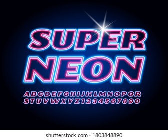 Vector Super Neon leuchtende Schriftart. Helles elektrisches Alphabet. Blau- und rosafarbene Buchstaben und Zahlen