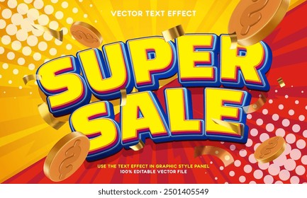 Vector super sale 3d logo editable text effect with flying coins background