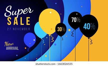 Vector super sale illustration with color air balloon on blue and yellow background with text. Seasonal special offer celebrate design for sale banner, grand opening, party flyer 