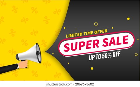 Vector Super Sale Offer, Mega Deal Discounts, Limited Time Offer, Advertising Poster Design With Flat Icon Loudspeaker