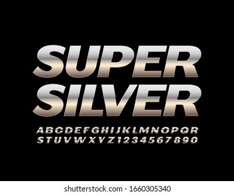Vector Super Silver Font. Metallic Alphabet Letters and Numbers.