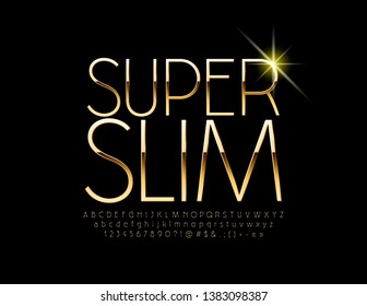 Vector Super Slim Golden Alphabet Letters, Numbers and Symbols. Luxury Font for Marketing design