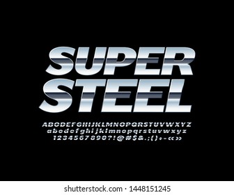 Vector Super Steel Uppercase Font. Reflective Metallic Alphabet. Set Of Shiny Silver Letters And Numbers