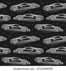 Vector Supercar seamless pattern, automotive background with clipart illustration of exotic high-tech coupe car from future, monochrome square placard with running rear-engine concept car at night
