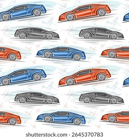 Vector Supercars seamless pattern, decorative automotive background with concept super cars in moving for bed linen, square placard with clipart of running multi colored supercars on white background