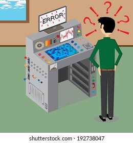 Vector of a supercomputer and a man. The supercomputer is haven a error.