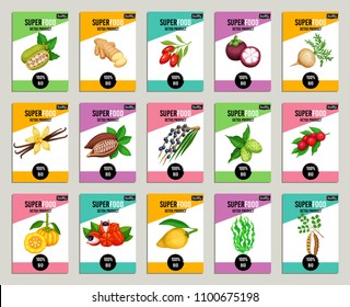 Vector superfood banners set. Healthy detox natural product of camu camu, garcinia cambogia and maca. Carob, ginger, moringa, lucuma, coji berries, mangosteen, acai, guarana and noni.