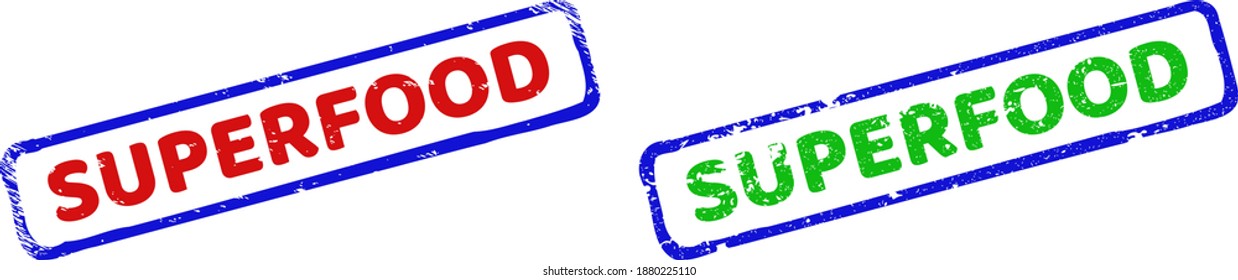 Imitaciones de caucho enmarcadas por Vector SUPERFOOD con superficie rayada. Sellos rectangulares rígidos bicolores. Colores rojos, azules y verdes. Sellos de distensión plana con texto SUPERFOOD dentro de un marco rectangular áspero.