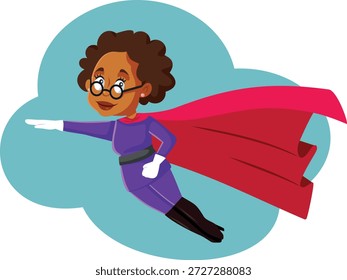 
Vector Superhero Grandma Flying Through the Sky Wearing a Cape. Cheerful cartoon senior lady gliding through the sky in her superheroine suit 
