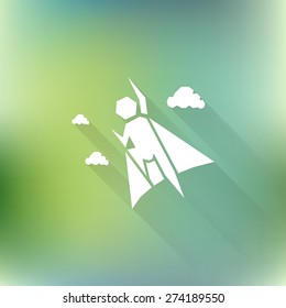 Vector superhero icon with long shadow on blurred background. Logo design